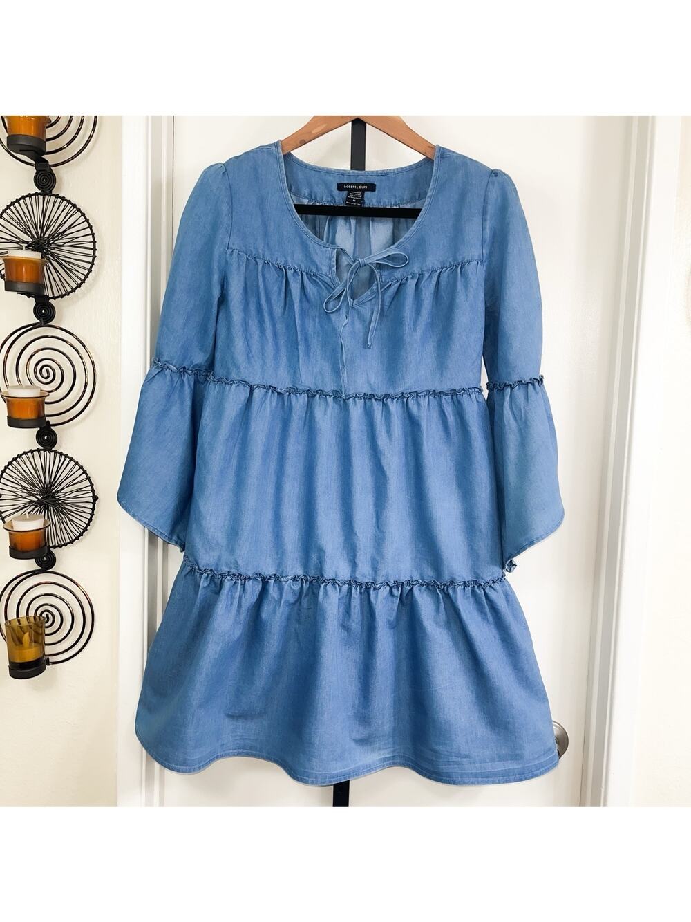 Babydoll A-Line Knee Length Dress Boho Hippie 70s Indie Retro - Blue Size M